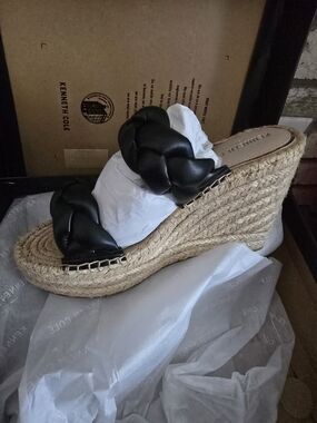 Kenneth Cole Black Braided Leather Espadrille Wedge Sandals